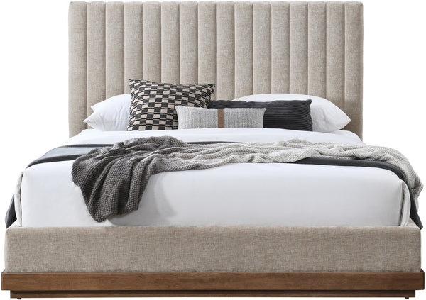 Meridian Furniture Emmet Queen Bed Channel Tufted Chenille Headboard Walnut Wood Base Cozy Bedroom Retreat Beige B1245Beige-Q