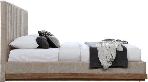 Meridian Furniture Emmet Queen Bed Channel Tufted Chenille Headboard Walnut Wood Base Cozy Bedroom Retreat Beige B1245Beige-Q