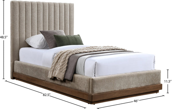 Meridian Furniture Emmet Channel Tufted Twin Bed Chenille Upholstered Wood Base Modern Platform Frame Beige B1245Beige-T