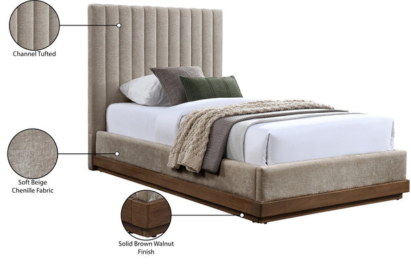 Meridian Furniture Emmet Channel Tufted Twin Bed Chenille Upholstered Wood Base Modern Platform Frame Beige B1245Beige-T