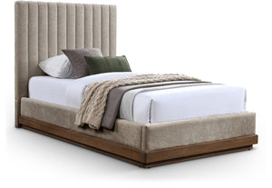 Meridian Furniture Emmet Channel Tufted Twin Bed Chenille Upholstered Wood Base Modern Platform Frame Beige B1245Beige-T