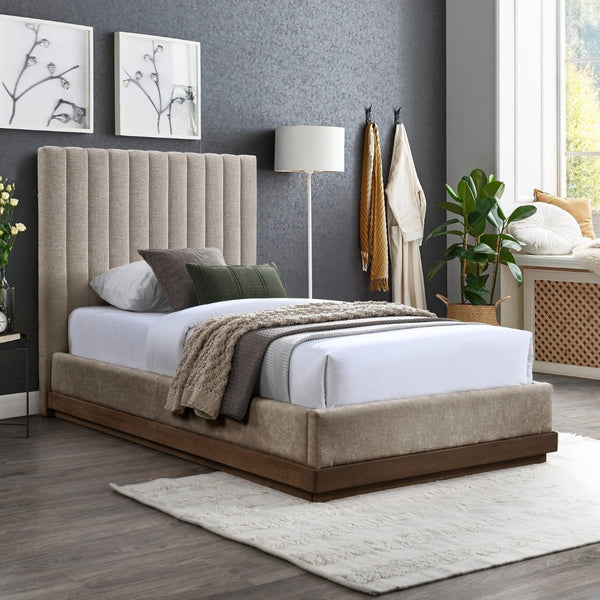 Meridian Furniture Emmet Channel Tufted Twin Bed Chenille Upholstered Wood Base Modern Platform Frame Beige B1245Beige-T