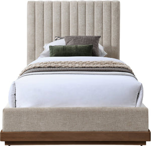 Meridian Furniture Emmet Channel Tufted Twin Bed Chenille Upholstered Wood Base Modern Platform Frame Beige B1245Beige-T