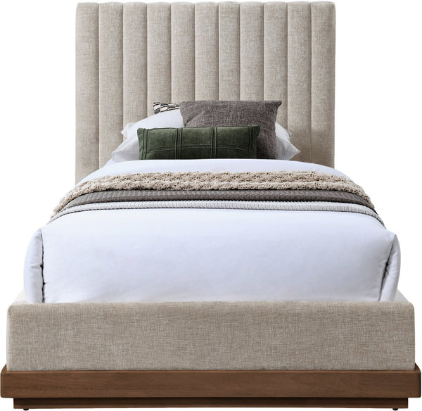 Meridian Furniture Emmet Channel Tufted Twin Bed Chenille Upholstered Wood Base Modern Platform Frame Beige B1245Beige-T