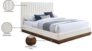 Meridian Furniture Emmet Channel Tufted Full Platform Bed Chenille Upholstery Walnut Wood Base Modern Bedroom Cream - B B1245Cream-F
