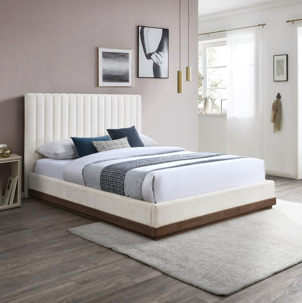 Meridian Furniture Emmet Channel Tufted Full Platform Bed Chenille Upholstery Walnut Wood Base Modern Bedroom Cream - B B1245Cream-F