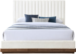 Meridian Furniture Emmet Channel Tufted Full Platform Bed Chenille Upholstery Walnut Wood Base Modern Bedroom Cream - B B1245Cream-F
