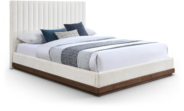 Meridian Furniture Emmet Queen Bed Channel Tufted Chenille Headboard Walnut Wood Base Cozy Bedroom Retreat Cream - B B1245Cream-Q