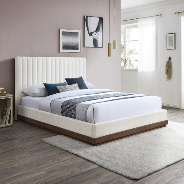 Meridian Furniture Emmet Queen Bed Channel Tufted Chenille Headboard Walnut Wood Base Cozy Bedroom Retreat Cream - B B1245Cream-Q