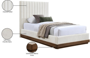 Meridian Furniture Emmet Channel Tufted Twin Bed Chenille Upholstered Wood Base Modern Platform Frame Cream - B B1245Cream-T