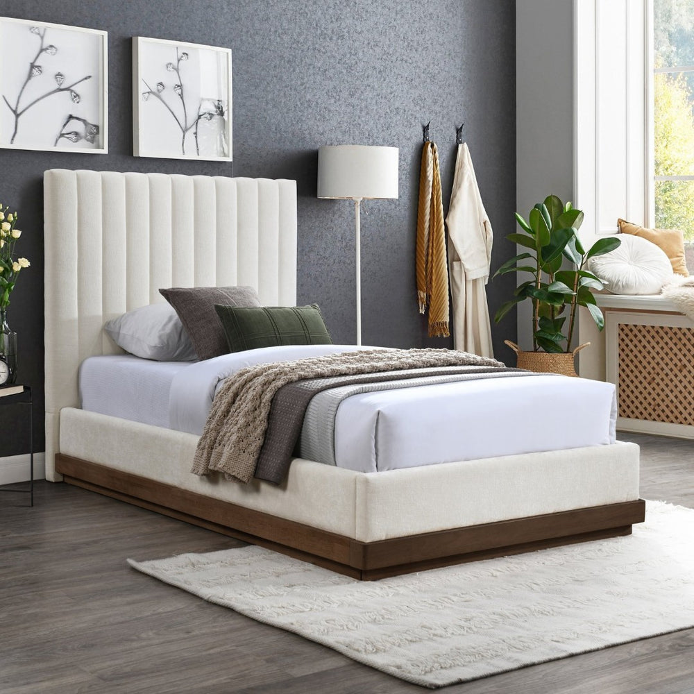 Meridian Furniture Emmet Channel Tufted Twin Bed Chenille Upholstered Wood Base Modern Platform Frame Cream - B B1245Cream-T