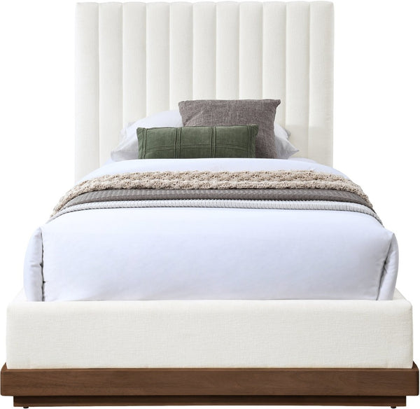 Meridian Furniture Emmet Channel Tufted Twin Bed Chenille Upholstered Wood Base Modern Platform Frame Cream - B B1245Cream-T