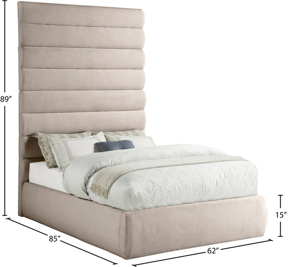 Meridian Furniture Adam Channel Tufted Upholstered Full Bed with Towering Linen Headboard for Bedroom B1255Beige-F90