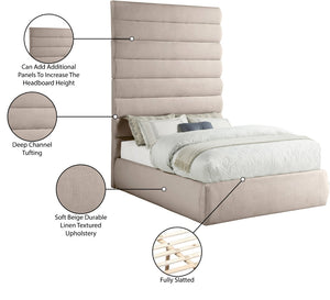 Meridian Furniture Adam Channel Tufted Upholstered Full Bed with Towering Linen Headboard for Bedroom B1255Beige-F90