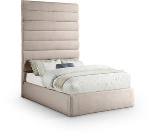 Meridian Furniture Adam Channel Tufted Upholstered Full Bed with Towering Linen Headboard for Bedroom B1255Beige-F90