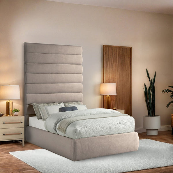 Meridian Furniture Adam Channel Tufted Upholstered Full Bed with Towering Linen Headboard for Bedroom B1255Beige-F90