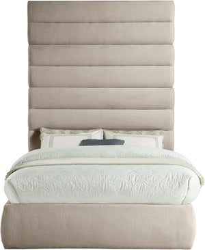 Meridian Furniture Adam Channel Tufted Upholstered Full Bed with Towering Linen Headboard for Bedroom B1255Beige-F90