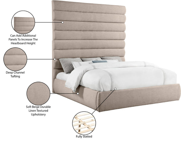 Meridian Furniture Adam Channel Tufted King Bed with Linen Upholstery and Modular Headboard Design B1255Beige-K90