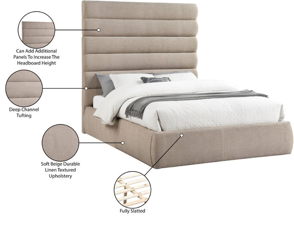 Meridian Furniture Adam Channel Tufted Linen Queen Bed with Adjustable Modular Headboard Panel B1255Beige-Q70