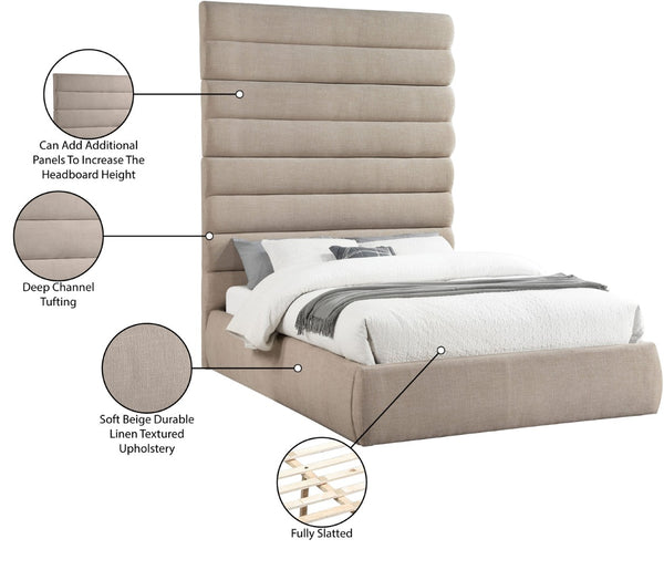 Meridian Furniture Adam Channel Tufted Upholstered Queen Bed with Adjustable Linen Fabric Headboard B1255Beige-Q90