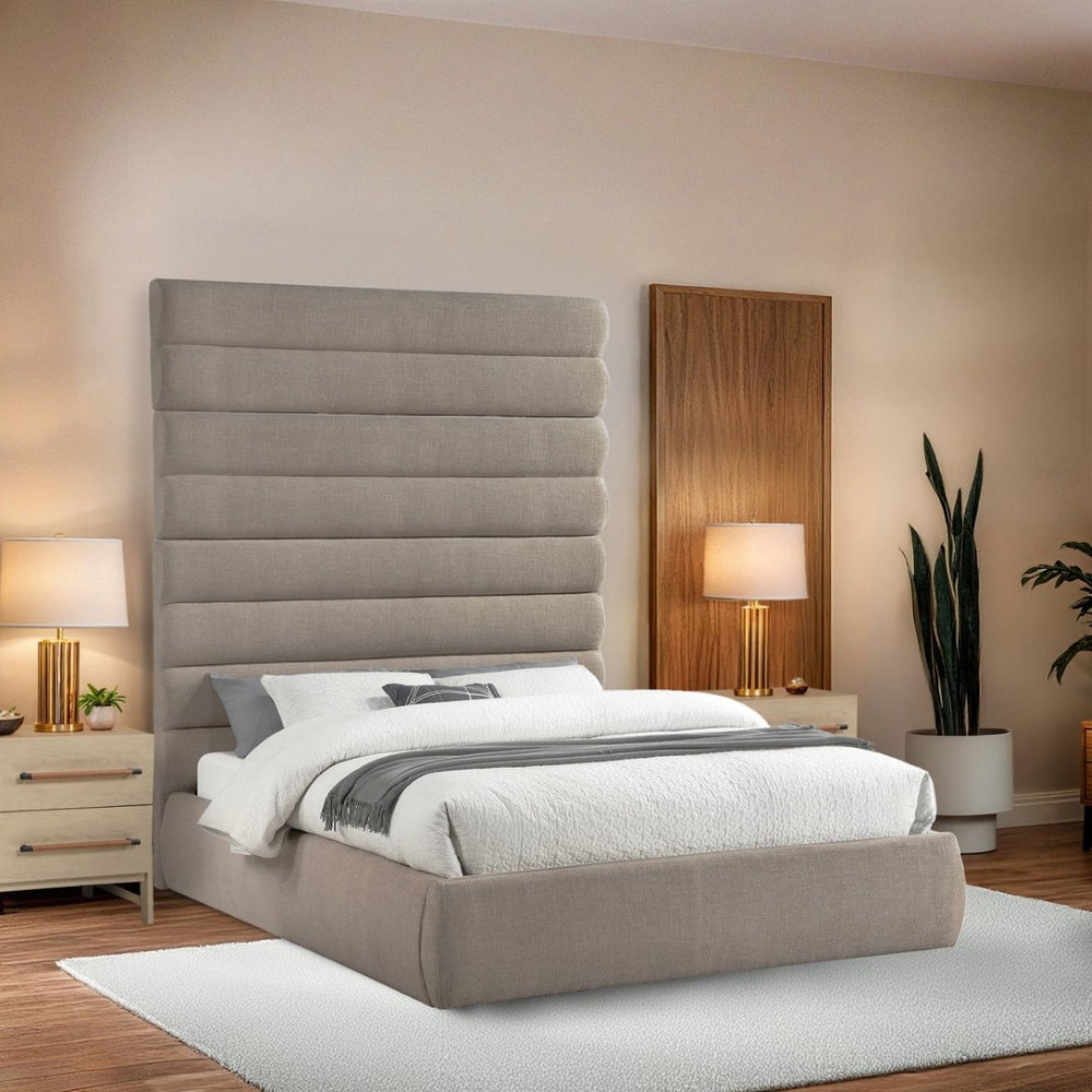 Meridian Furniture Adam Channel Tufted Upholstered Queen Bed with Adjustable Linen Fabric Headboard B1255Beige-Q90