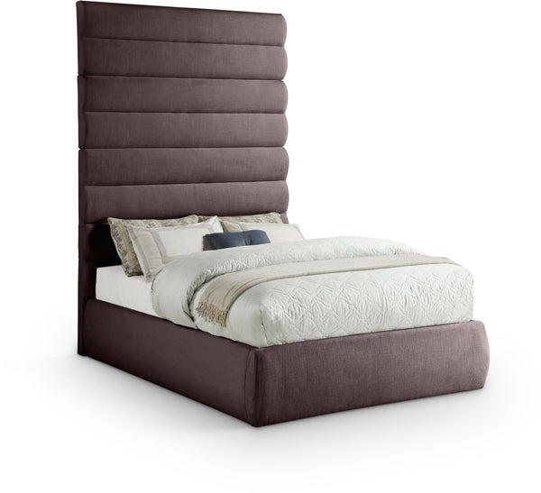 Meridian Furniture Adam Brown Channel Tufted Linen Upholstered Full Bed with Tall Architectural Headboard B1255Brown-F90