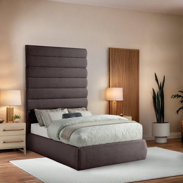 Meridian Furniture Adam Brown Channel Tufted Linen Upholstered Full Bed with Tall Architectural Headboard B1255Brown-F90