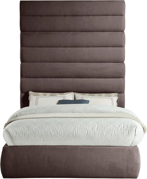 Meridian Furniture Adam Brown Channel Tufted Linen Upholstered Full Bed with Tall Architectural Headboard B1255Brown-F90