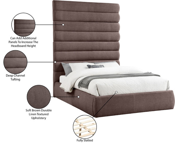 Meridian Furniture Adam Brown Channel Tufted Linen Queen Bed with Modular Adjustable Headboard Panels B1255Brown-Q90