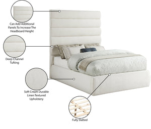 Meridian Furniture Adam Channel Tufted Full Bed with Tall Linen Headboard for a Refined Bedroom B1255Cream-F70