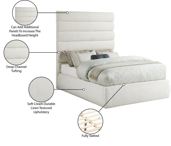 Meridian Furniture Adam Channel Tufted Full Bed with Tall Linen Headboard for a Refined Bedroom B1255Cream-F70