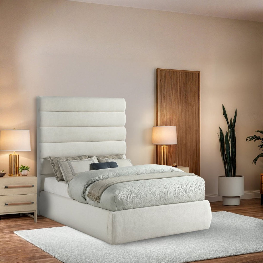 Meridian Furniture Adam Channel Tufted Full Bed with Tall Linen Headboard for a Refined Bedroom B1255Cream-F70