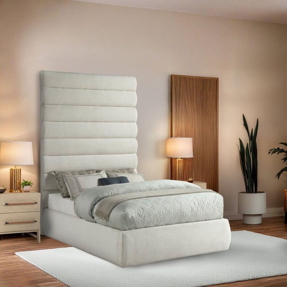 Meridian Furniture Adam Channel Tufted Full Platform Bed Cream Linen Upholstery Modular Headboard B1255Cream-F90