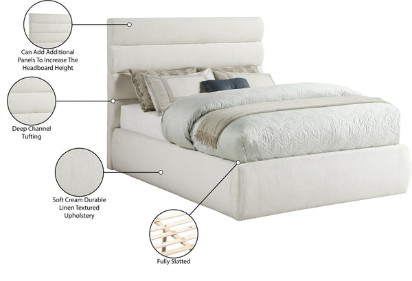 Meridian Furniture Adam Channel Tufted Linen Upholstered Full Bed with Modular Headboard for Modern Rooms B1255Cream-F