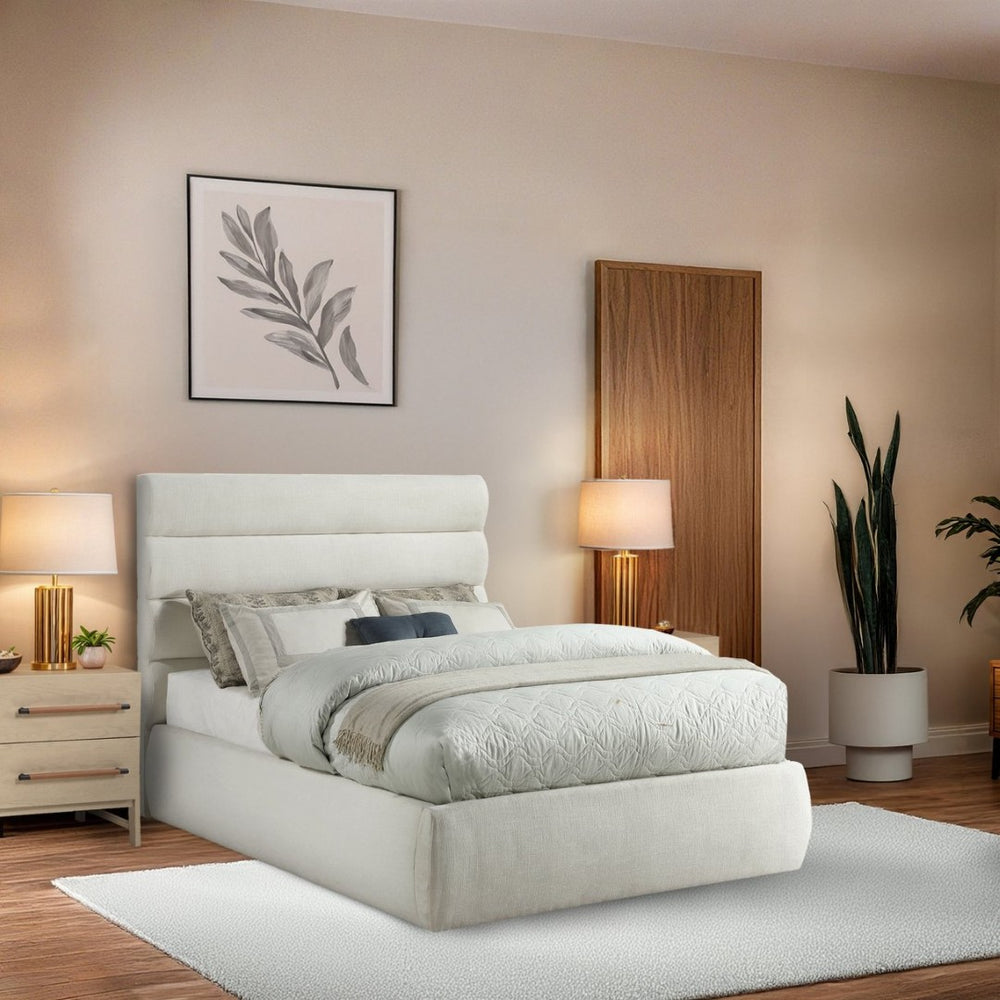 Meridian Furniture Adam Channel Tufted Linen Upholstered Full Bed with Modular Headboard for Modern Rooms B1255Cream-F