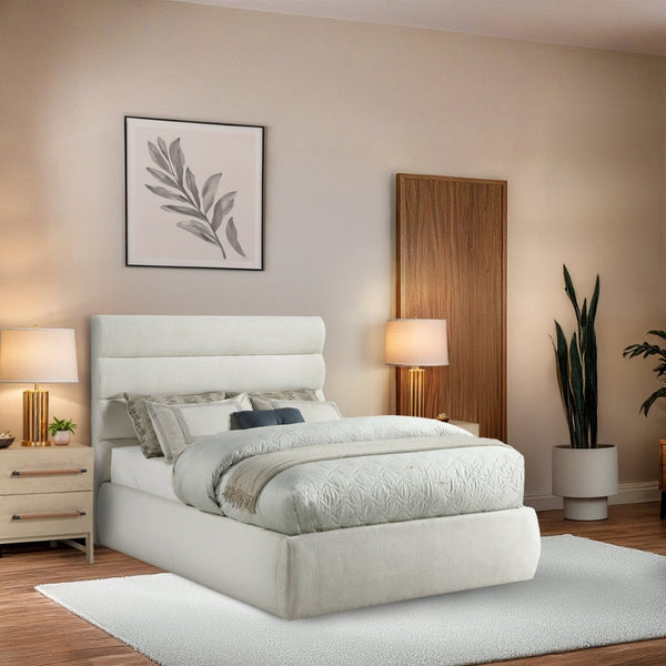 Meridian Furniture Adam Channel Tufted Linen Upholstered Full Bed with Modular Headboard for Modern Rooms B1255Cream-F