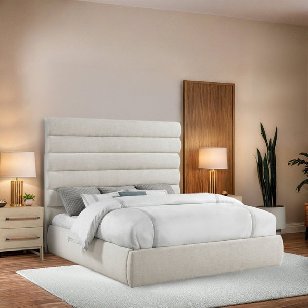 Meridian Furniture Adam Channel Tufted Linen King Bed Tall Modular Headboard for Elegant Bedrooms B1255Cream-K70