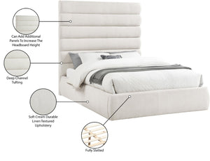 Meridian Furniture Adam Channel Tufted Queen Bed Cream Linen Upholstery Adjustable Headboard Panels B1255Cream-Q70