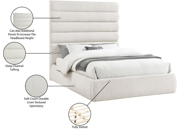 Meridian Furniture Adam Channel Tufted Queen Bed Cream Linen Upholstery Adjustable Headboard Panels B1255Cream-Q70