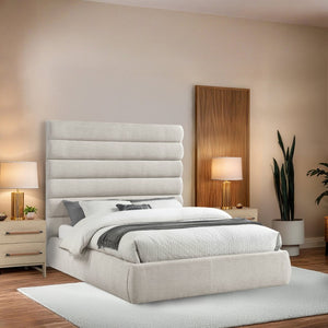 Meridian Furniture Adam Channel Tufted Queen Bed Cream Linen Upholstery Adjustable Headboard Panels B1255Cream-Q70
