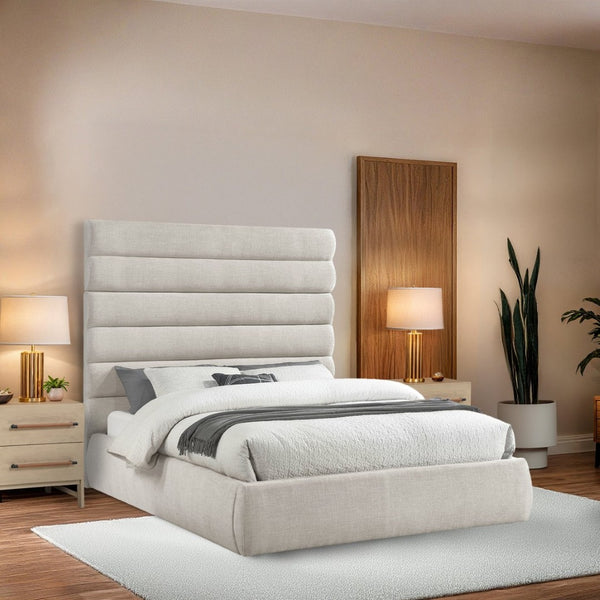 Meridian Furniture Adam Channel Tufted Queen Bed Cream Linen Upholstery Adjustable Headboard Panels B1255Cream-Q70