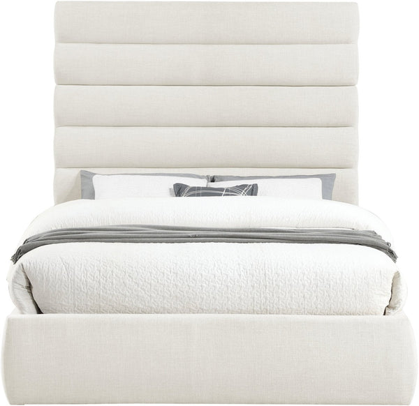 Meridian Furniture Adam Channel Tufted Queen Bed Cream Linen Upholstery Adjustable Headboard Panels B1255Cream-Q70
