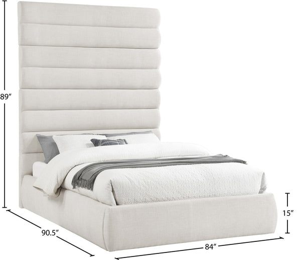 Meridian Furniture Adam Queen Upholstered Platform Bed Linen Fabric Channel Tufted Tall Headboard B1255Cream-Q90