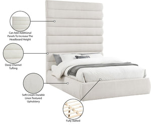 Meridian Furniture Adam Queen Upholstered Platform Bed Linen Fabric Channel Tufted Tall Headboard B1255Cream-Q90