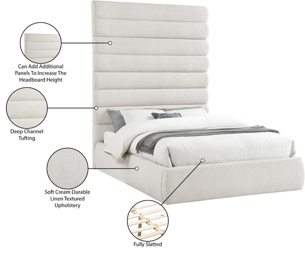 Meridian Furniture Adam Queen Upholstered Platform Bed Linen Fabric Channel Tufted Tall Headboard B1255Cream-Q90