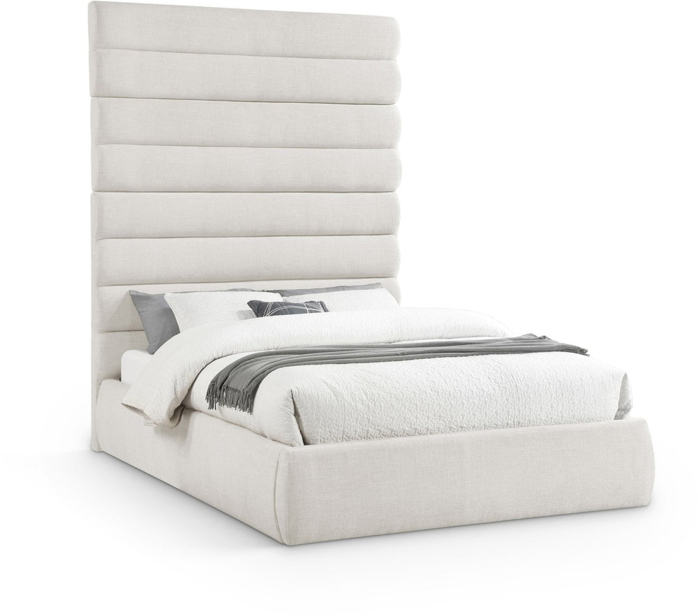 Meridian Furniture Adam Queen Upholstered Platform Bed Linen Fabric Channel Tufted Tall Headboard B1255Cream-Q90