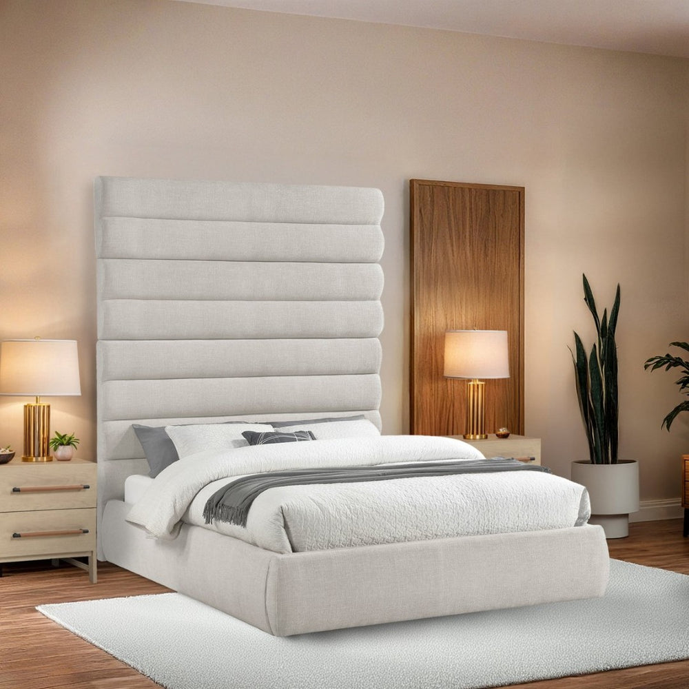 Meridian Furniture Adam Queen Upholstered Platform Bed Linen Fabric Channel Tufted Tall Headboard B1255Cream-Q90