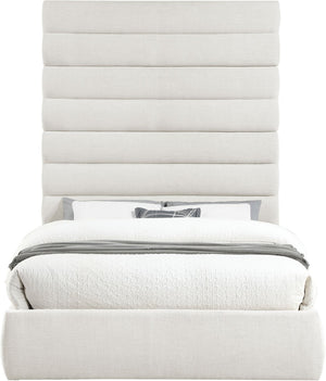 Meridian Furniture Adam Queen Upholstered Platform Bed Linen Fabric Channel Tufted Tall Headboard B1255Cream-Q90