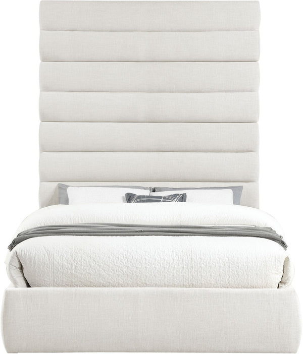 Meridian Furniture Adam Queen Upholstered Platform Bed Linen Fabric Channel Tufted Tall Headboard B1255Cream-Q90