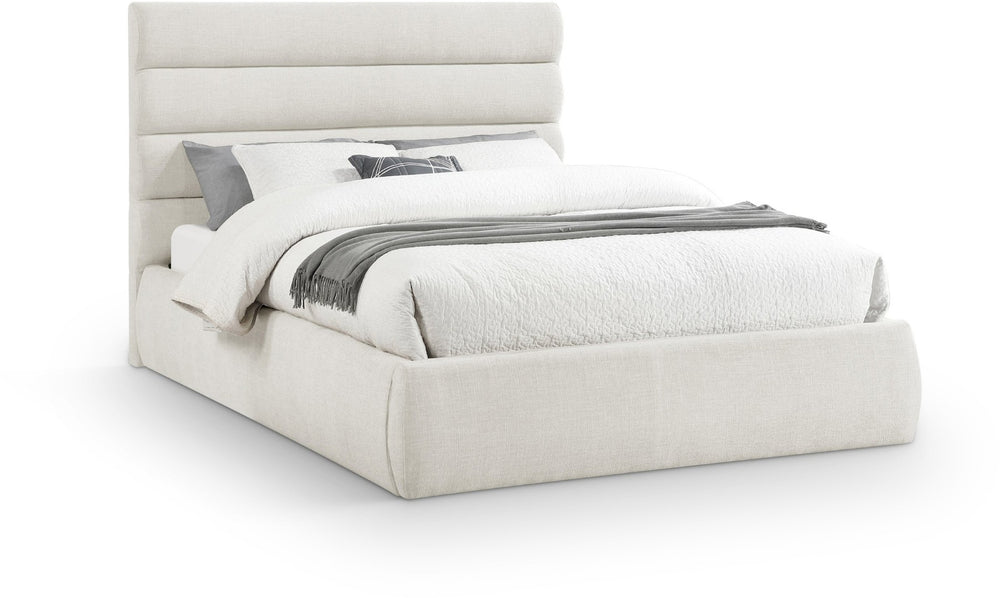Meridian Furniture Adam Channel Tufted Queen Bed Cream Linen Upholstery Adjustable Headboard Modern B1255Cream-Q